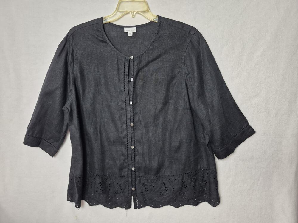 J Jill 100% Linen Button Up Long Sleeve Top - Black - WOMENS 2X